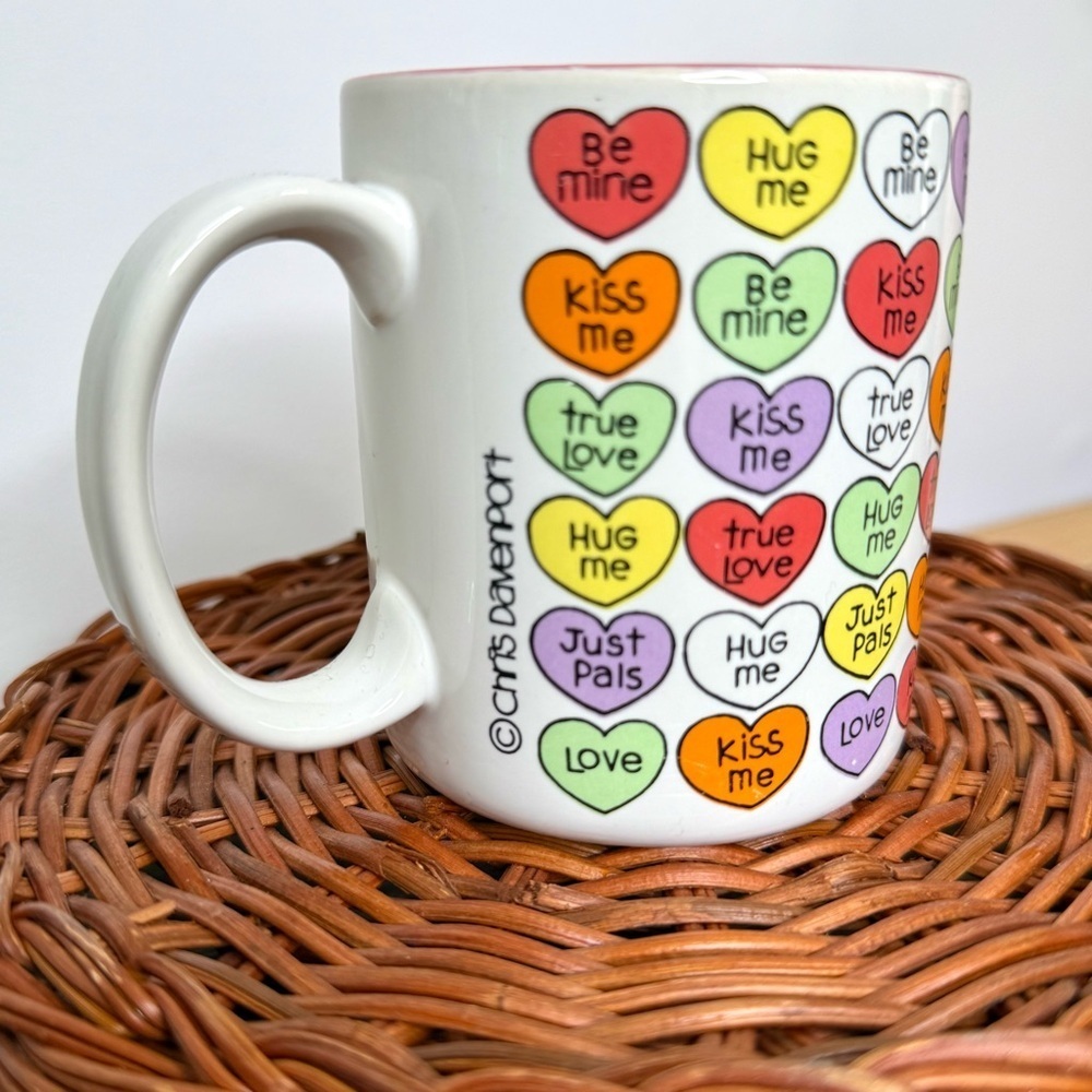 Vintage 1986 Chris Davenport Enesco Conversation Hearts Coffee Mug Pink Interior - Picture 8 of 16